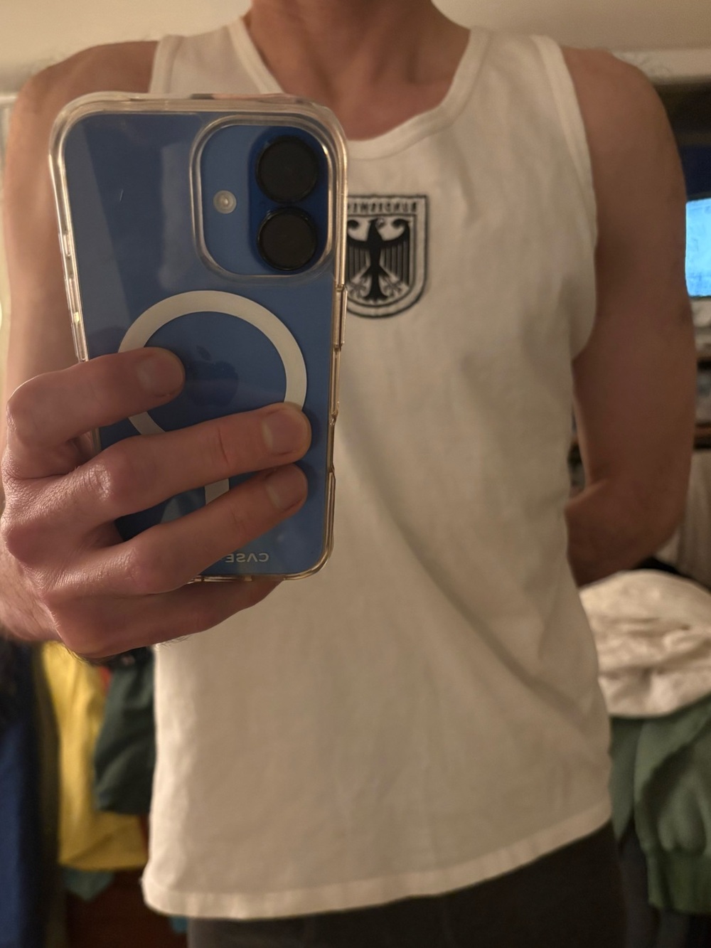 Tank top in White. Cotton. Embroidered black eagle crest. - Picture 11 of 14